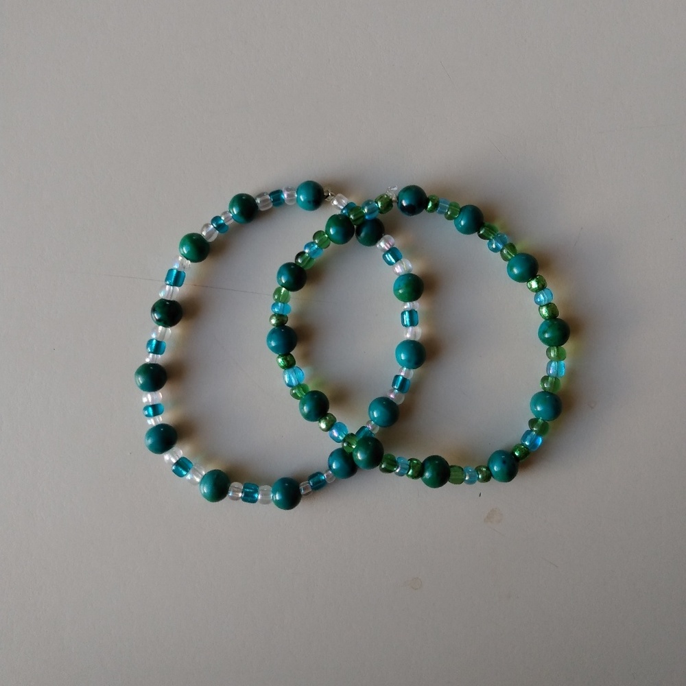 Peacock Stone & Seed Bead Bracelet Set